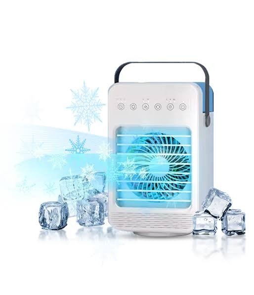 Cooljet Portable AC product image with airflow and ice cubes